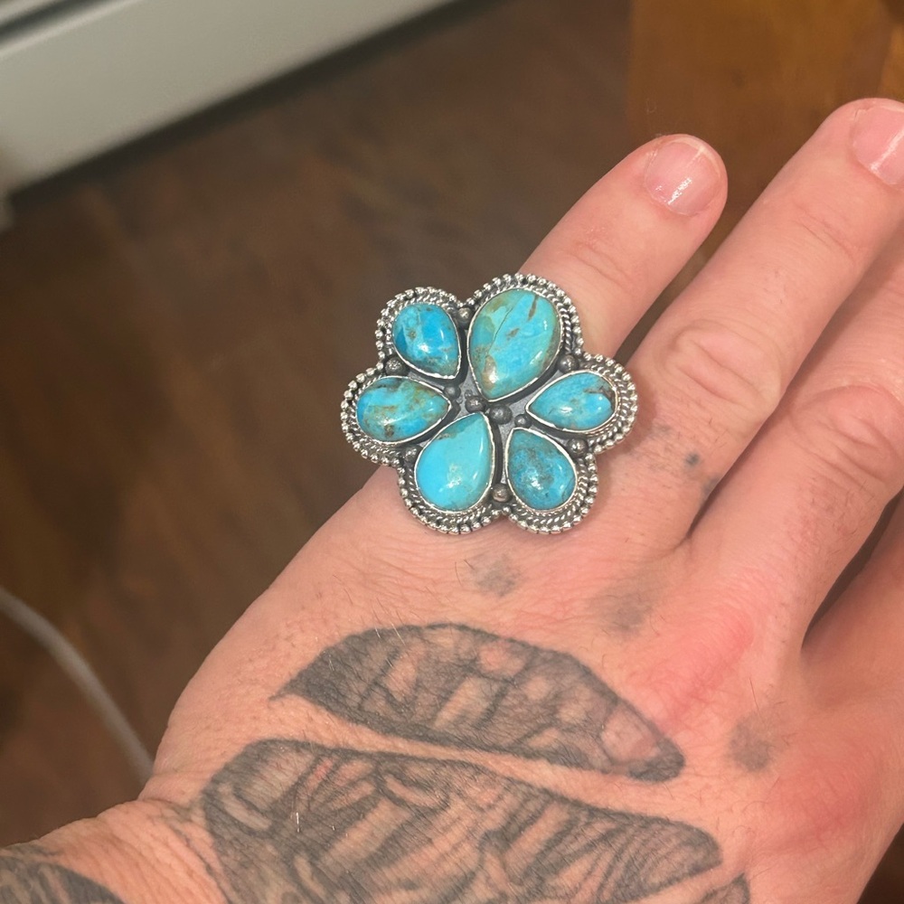 Sterling silver Native American Southwest turquoise adjustable cluster ring .925